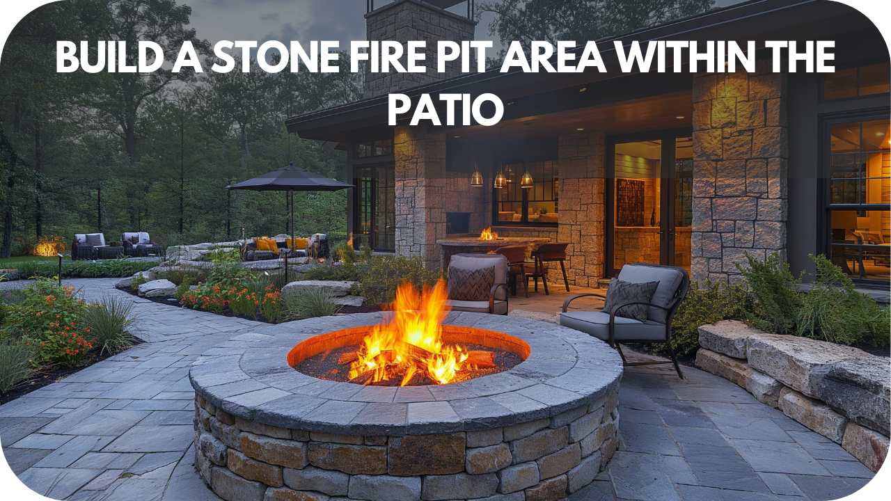 Inviting stone fire pit area nestled within a cozy patio setting.