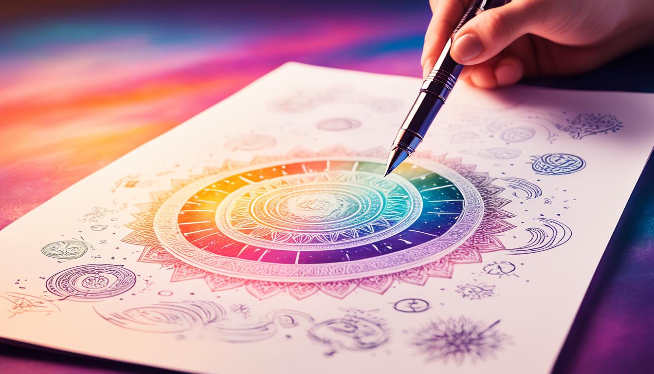 A hand holding a pen, poised above a blank sheet of paper. The pen is surrounded by a glowing aura of light, representing the power of manifestation. The paper is filled with intricate designs and symbols, representing the universe's response to the writer's desires. The background is a gradient of warm colors, symbolizing success and abundance.