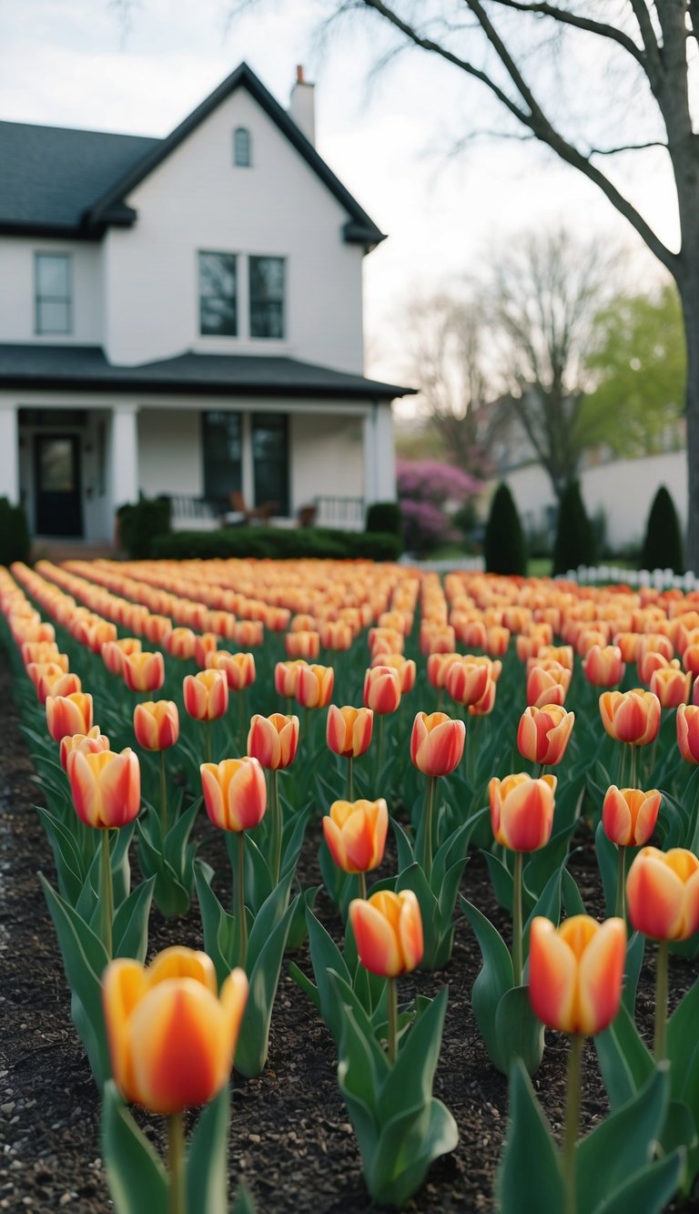 21 tulip flower beds in front of a house