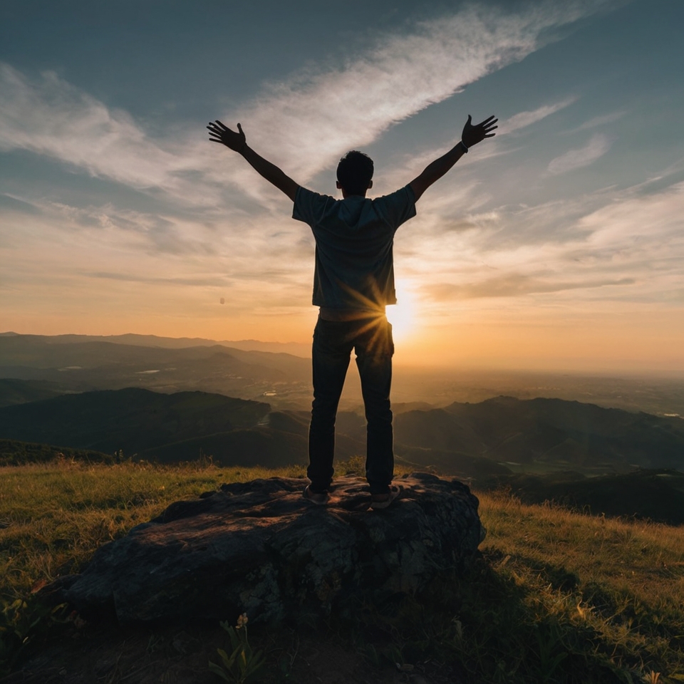 Silhouette of a man standing on a hilltop with arms stretched wide, embracing the sunrise