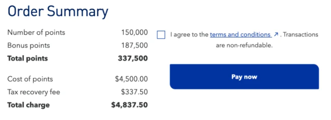 An example of buying points with a 125% bonus