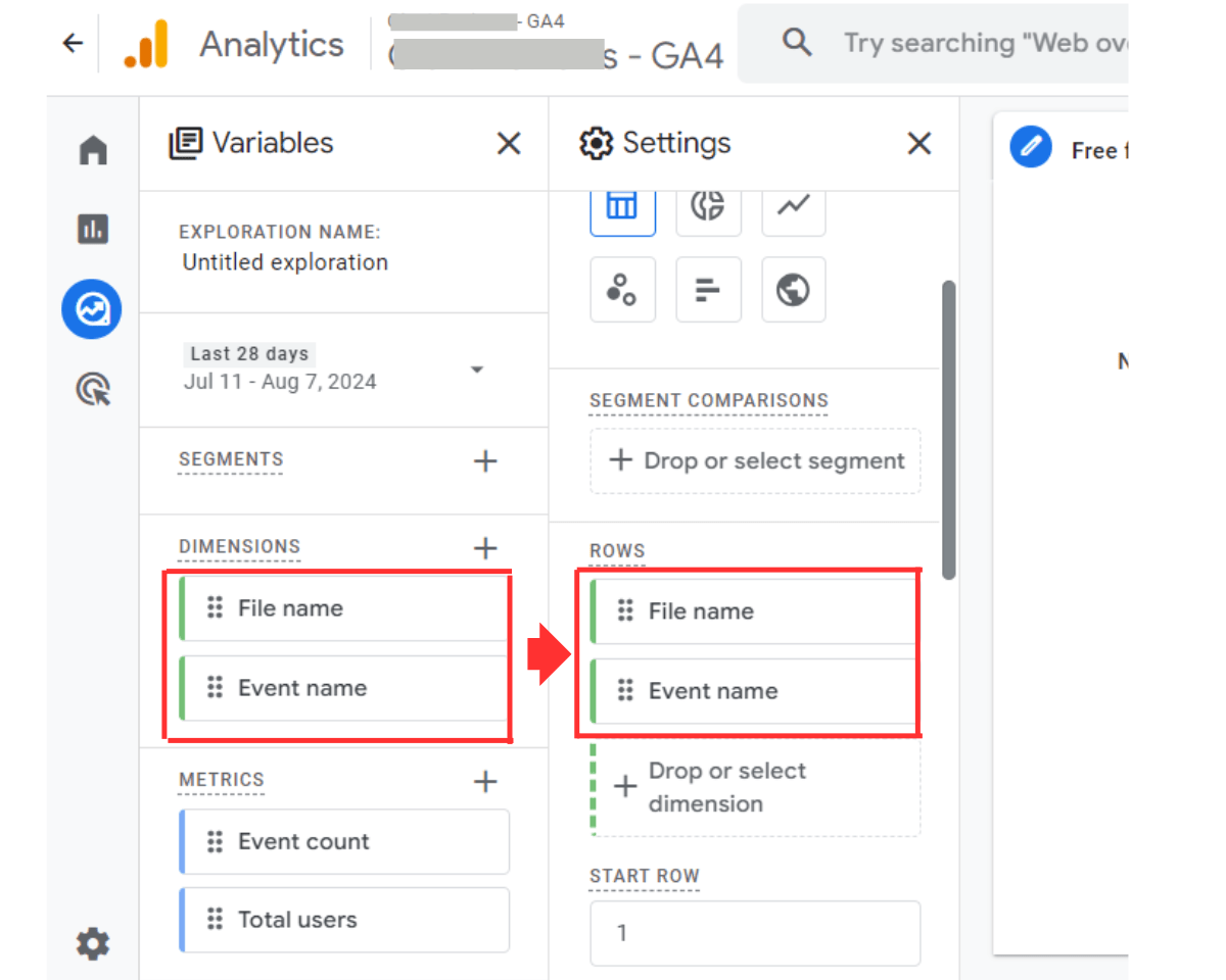 How to view exploration reports in GA4: Drag your dimensions data to rows and your metrics data to values
