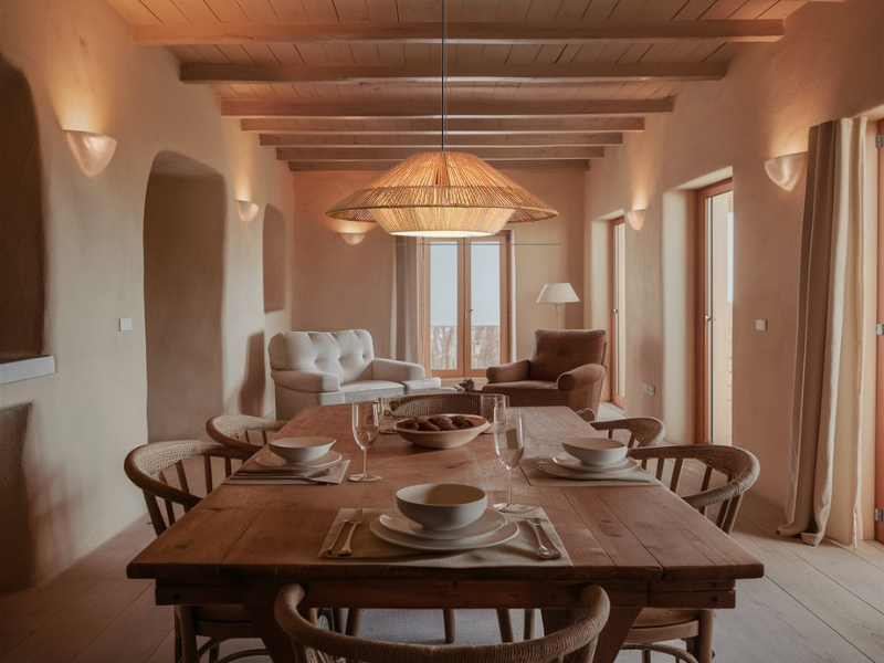 A dining room featuring pendant lighting with wicker or bamboo shades, adding warmth and style to the space.