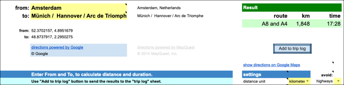 Modèle de calcul de distance Google Docs