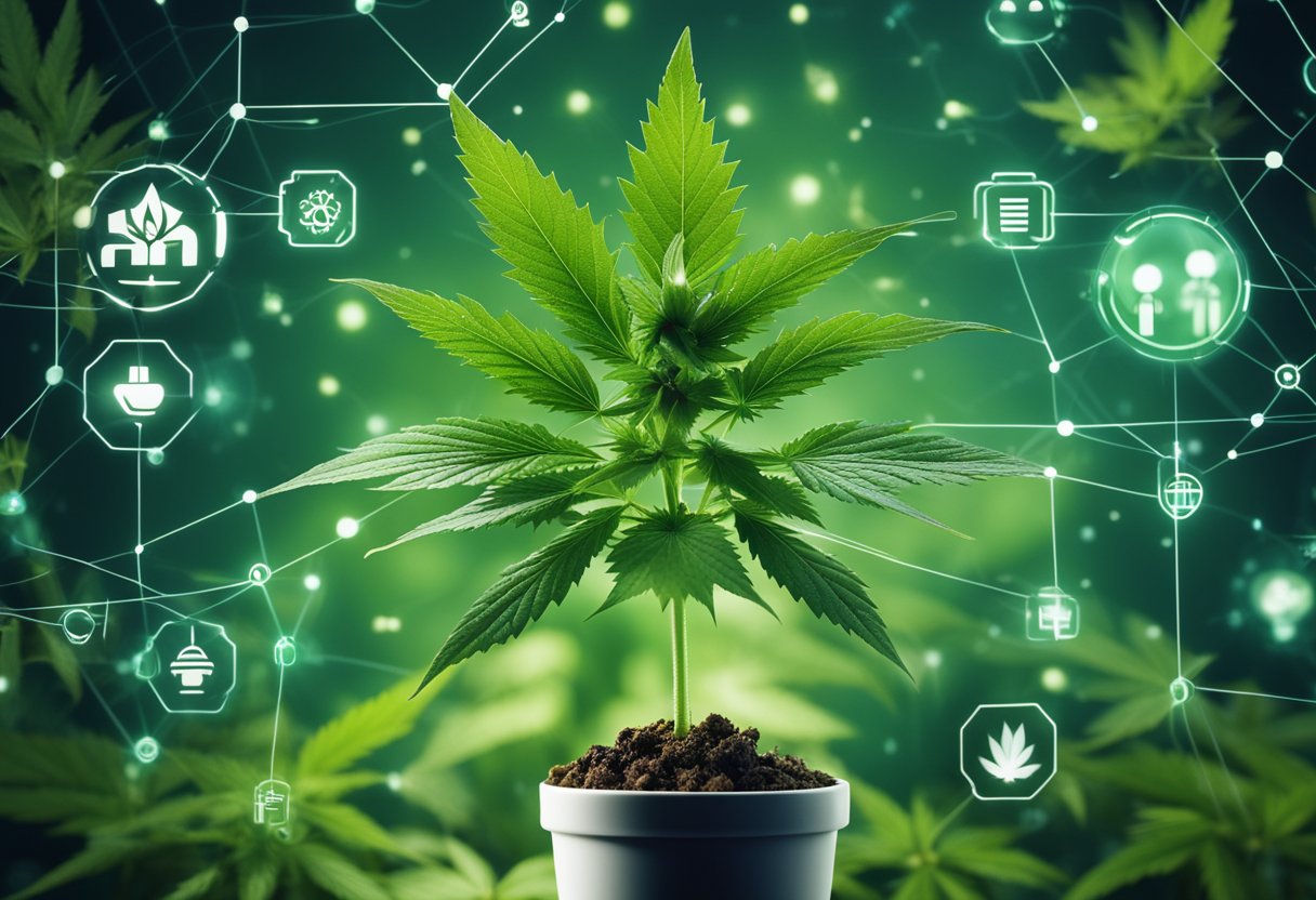 A cannabis plant growing tall with a network of interconnected branches, surrounded by various digital marketing symbols and icons