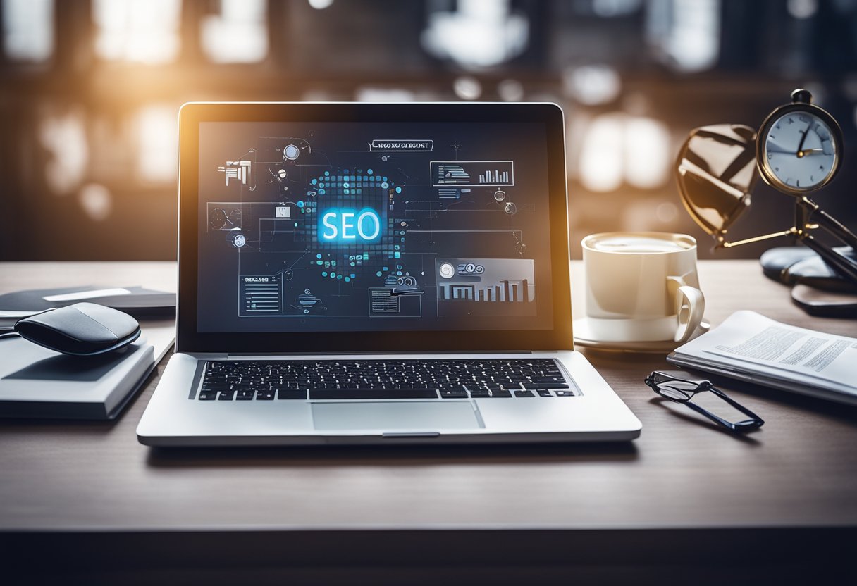 A laptop displaying SEO tools and lawyer-related keywords, surrounded by charts and graphs