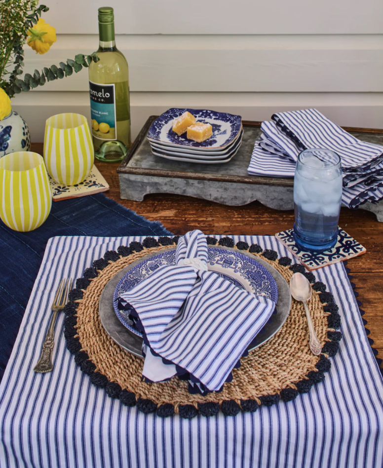 Waverly tabletop collection blends timeless ticking stripe with functional pieces that add inviting character to your kitchen and dining spaces.