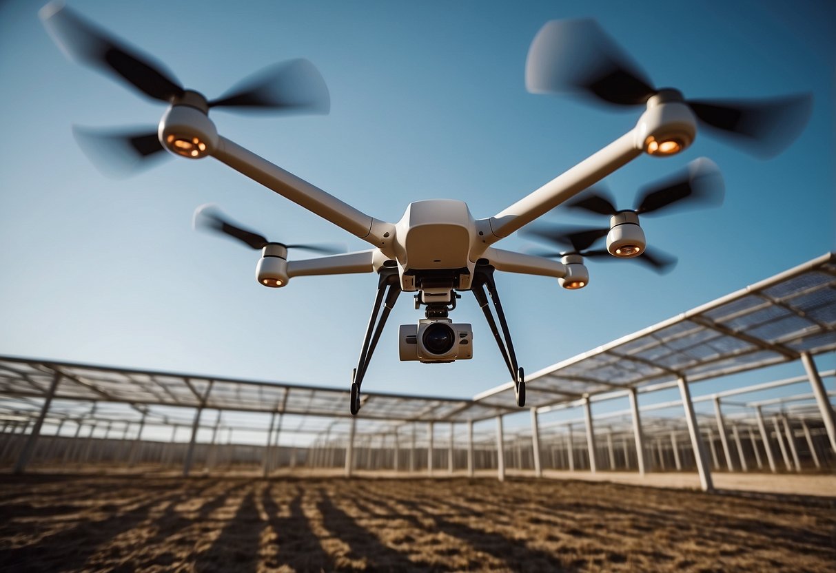 A drone hovers over a vast solar panel farm, capturing the geometric patterns of the panels against the backdrop of a clear blue sky