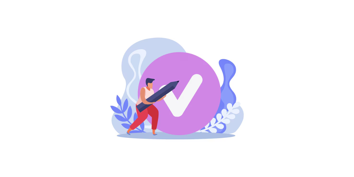 Illustration of a person holding a huge pencil and making a tick mark.