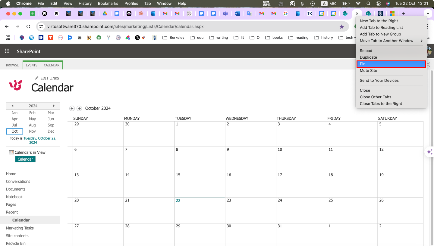 Pinning a SharePoint calendar tab in Google Chrome. 