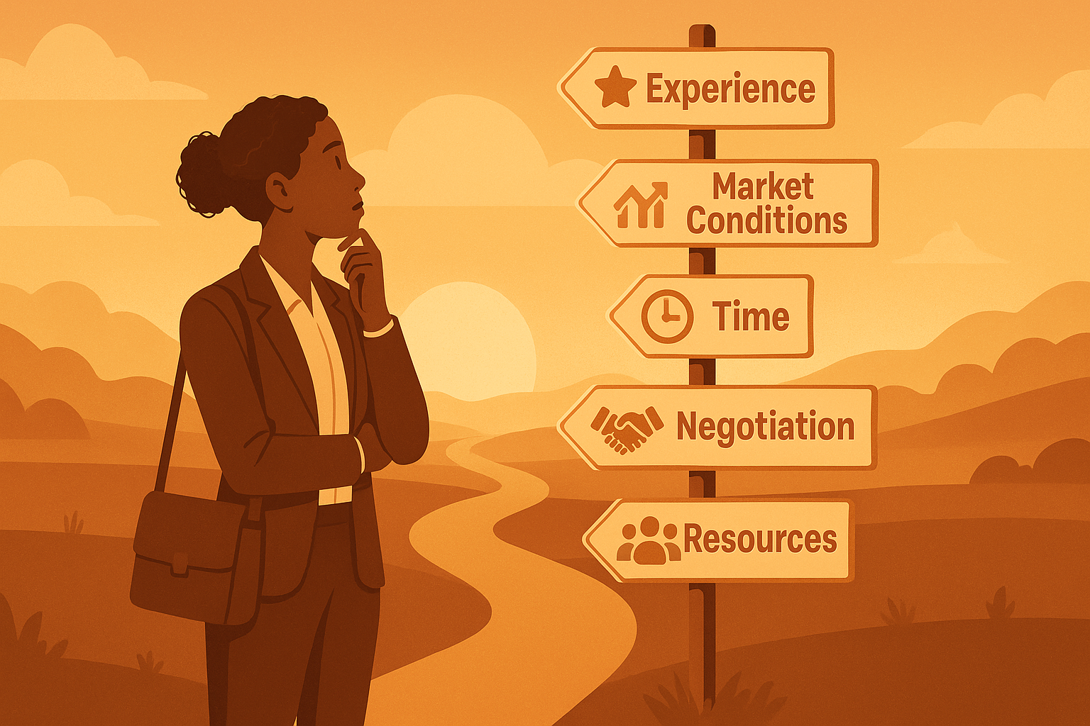 Person at a crossroads, considering key factors for selling home without realtor.
