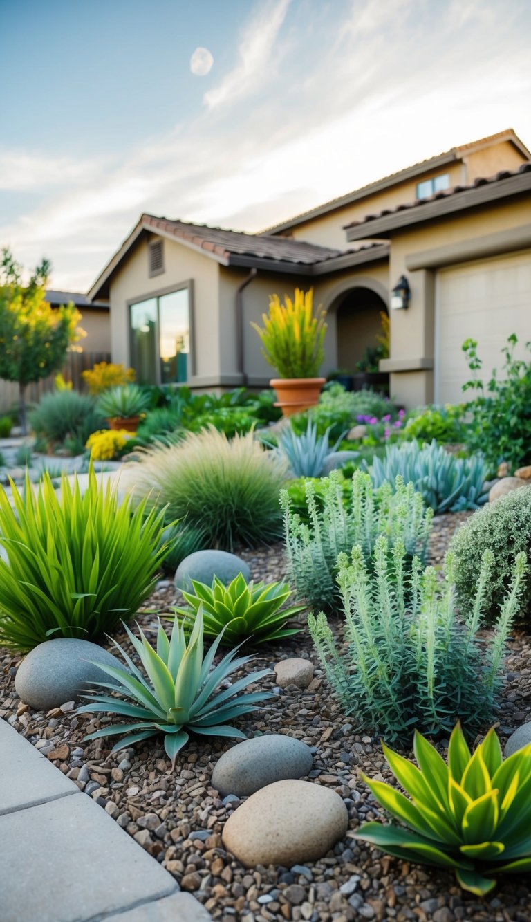 A front yard filled with a variety of native plants, arranged in a drought-tolerant landscape design