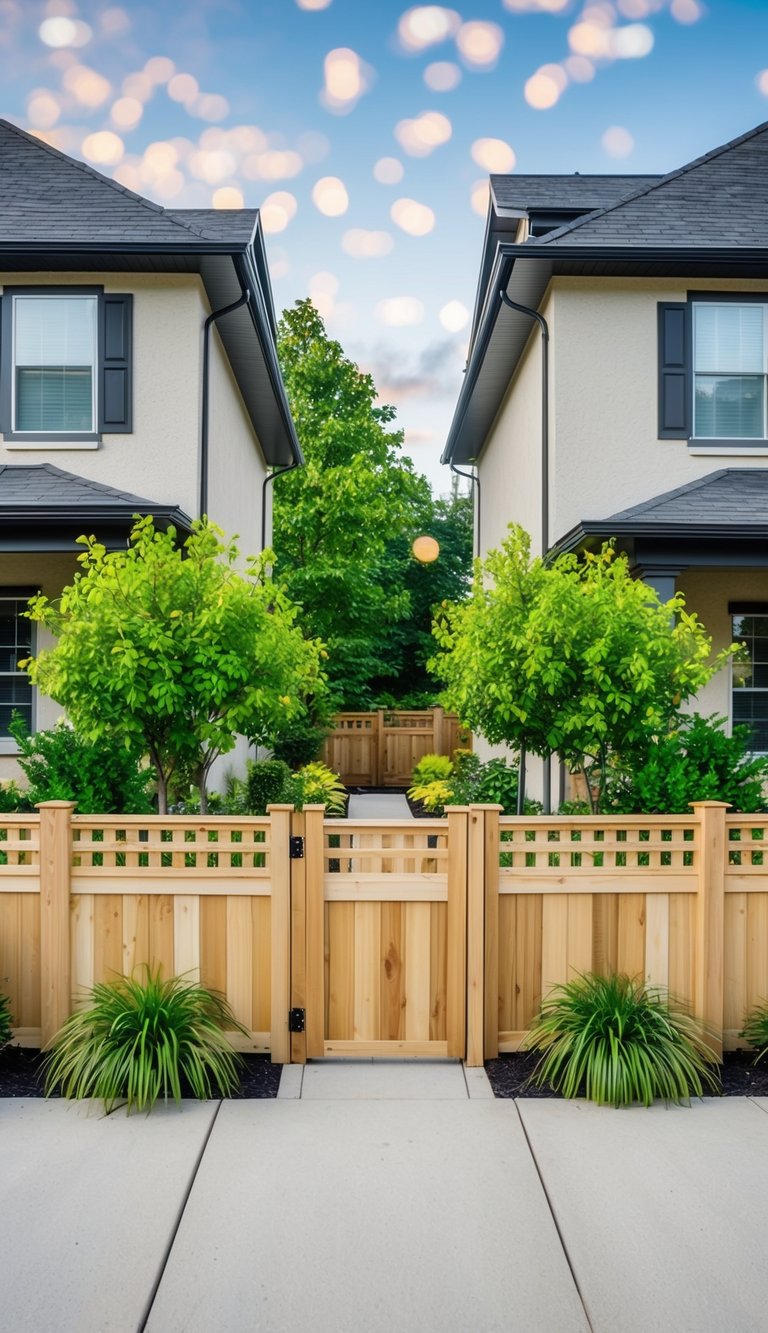 A wooden privacy fence with built-in planters separates two houses, with lush green landscaping filling the space between them