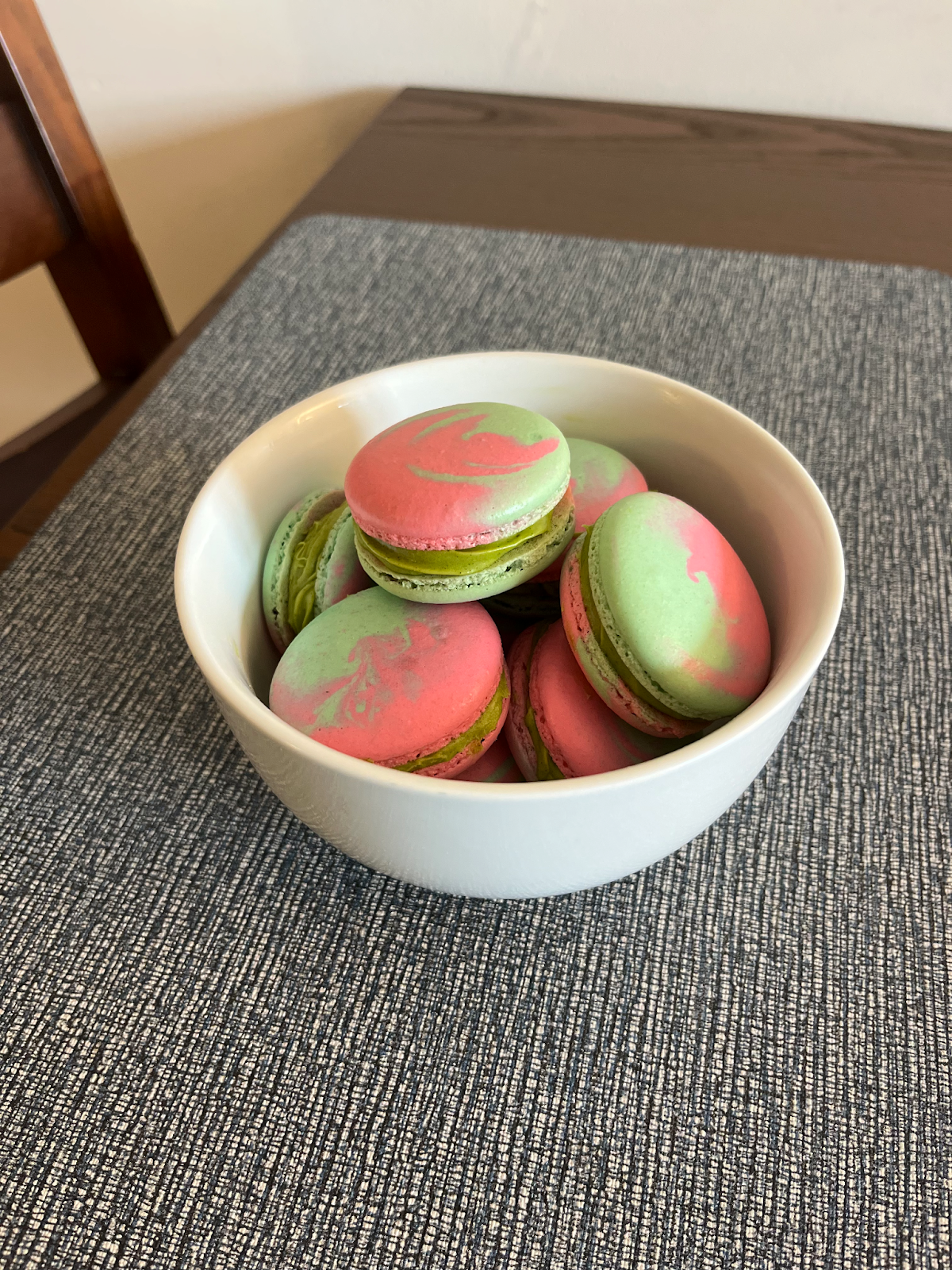 Homemade strawberry matcha flavored macarons