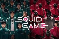 This contains an image of a group of people in red and green uniforms with the words squid game on them