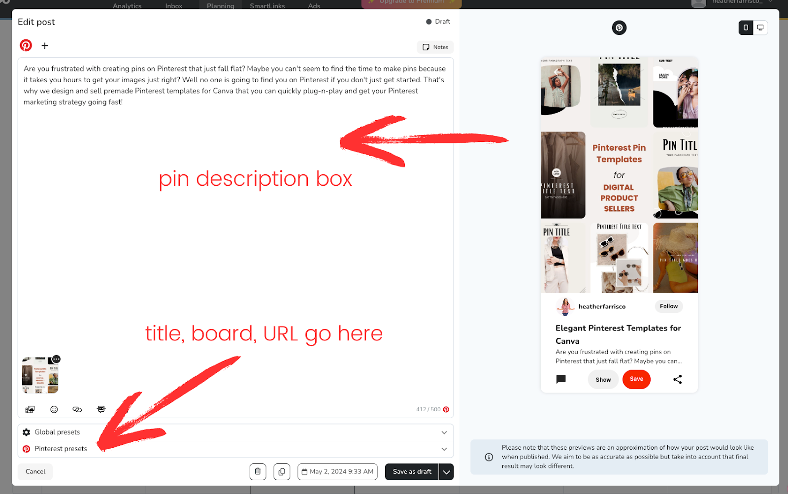 editing pins inside of Metricool scheduling