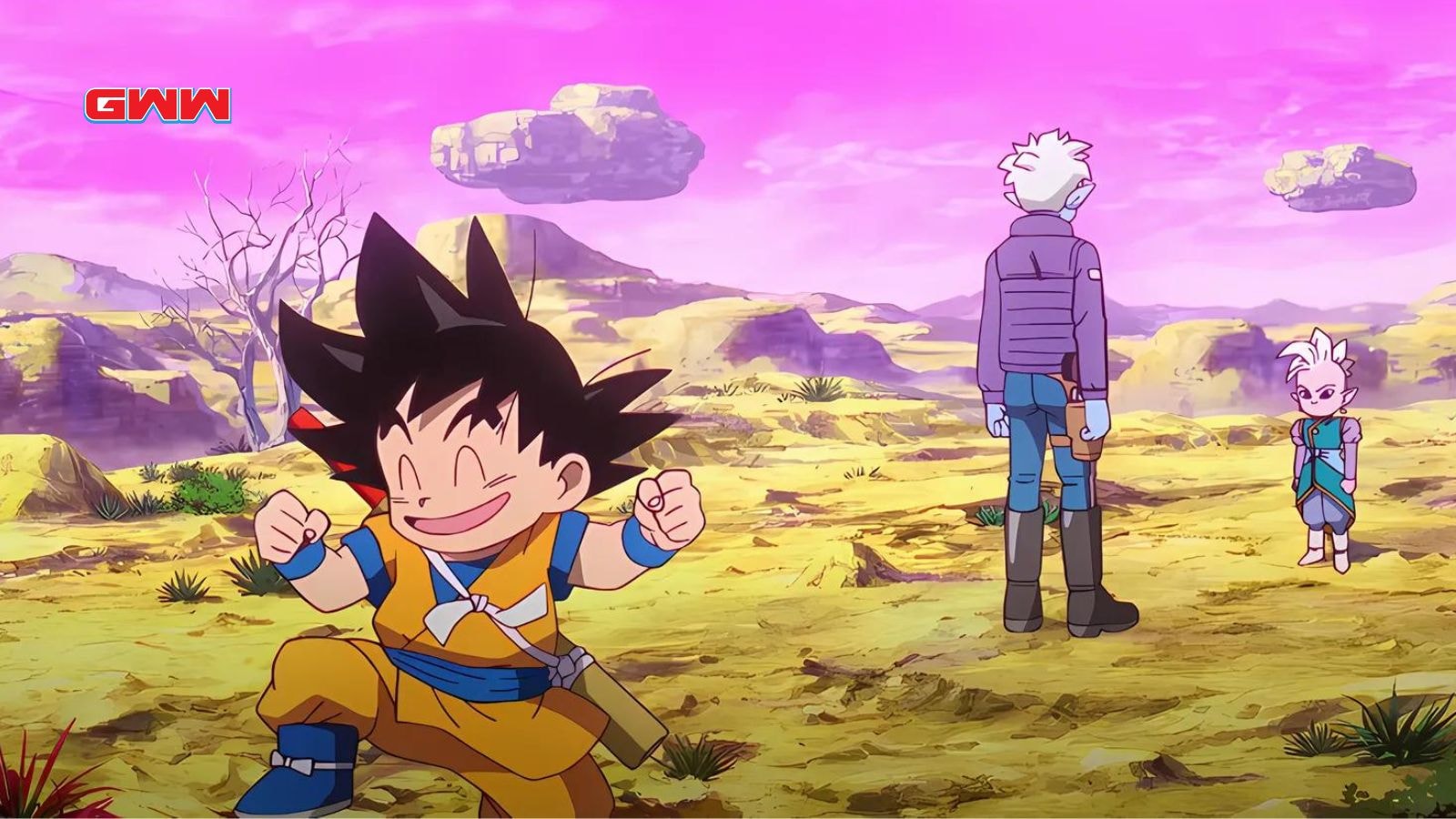 Goku smiles with characters from Dragon Ball Daima, desert background scene