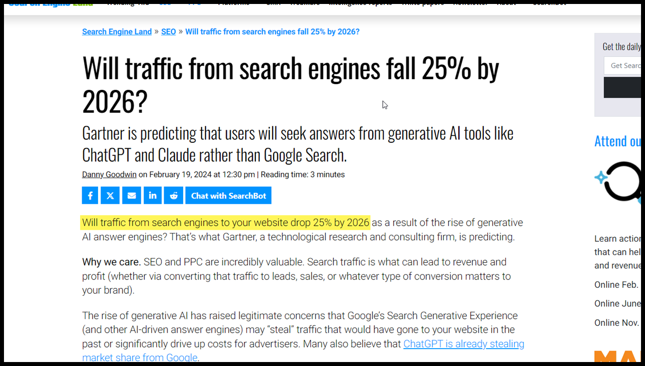 Gartner study saying SEO traffic will drop by 25% in 2026. Ours is down 40% already in 2024.