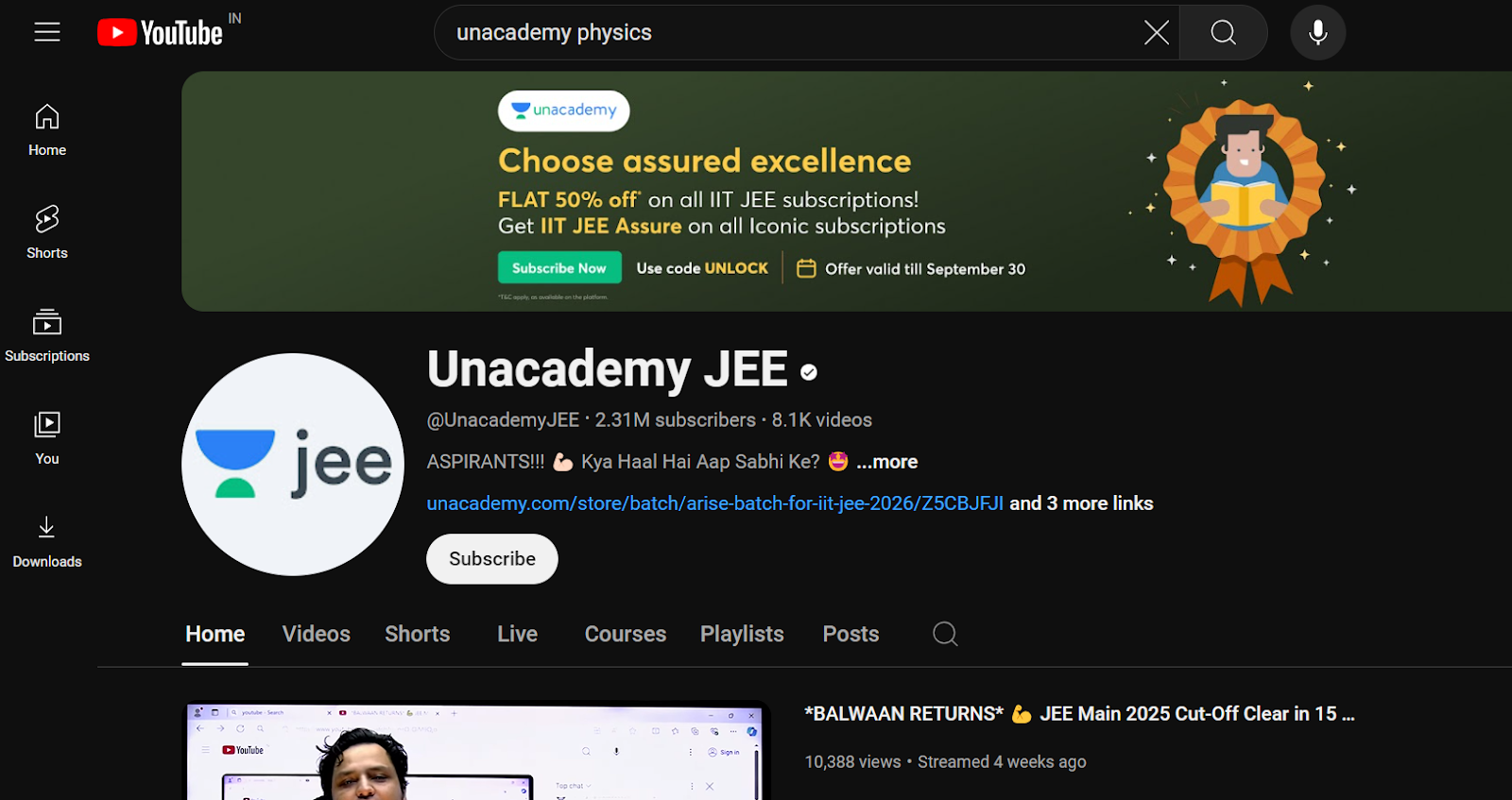 image of Unacademy JEE youtube channel