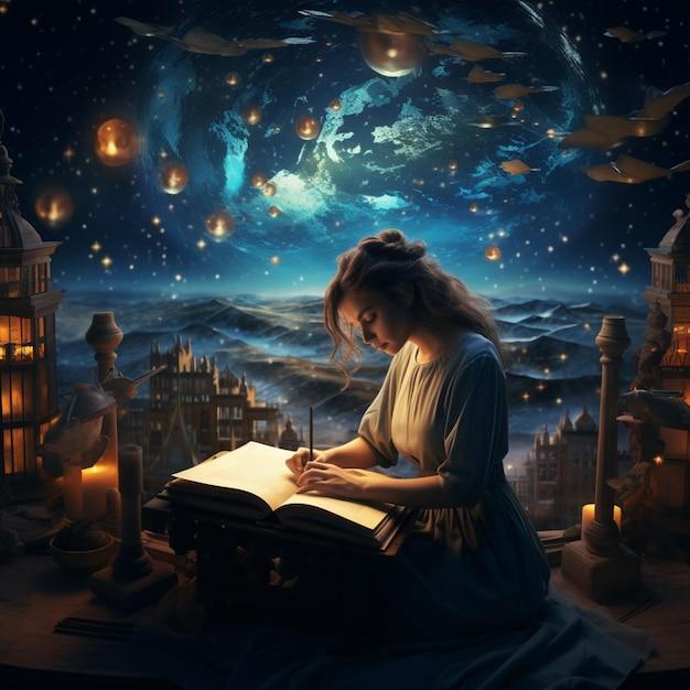 Painting of a woman writing a book in a fantasy setting generative ai |  Premium AI-generated image