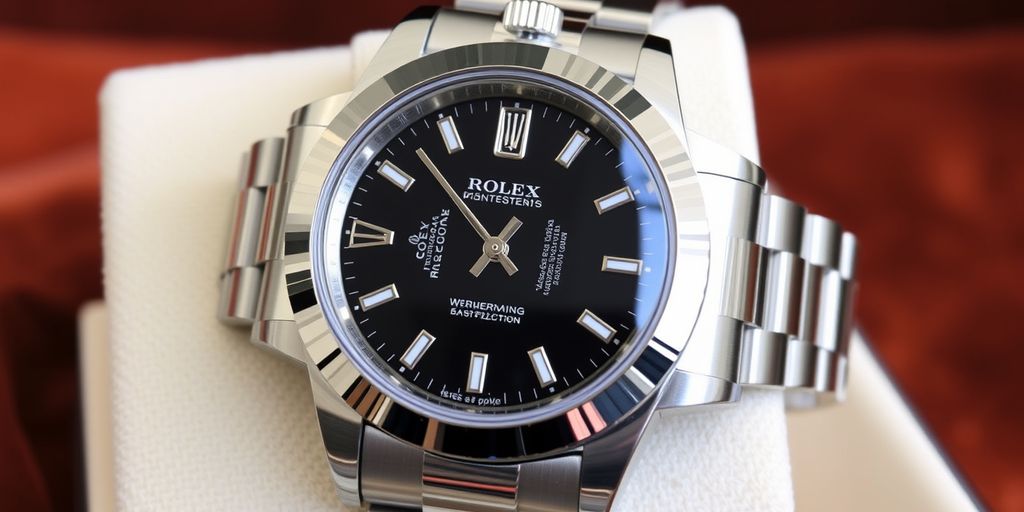 Close-up of a Rolex watch with a black dial.