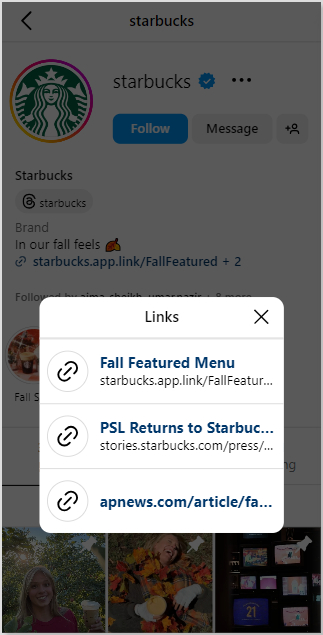 Starbucks' bio links on Instagram