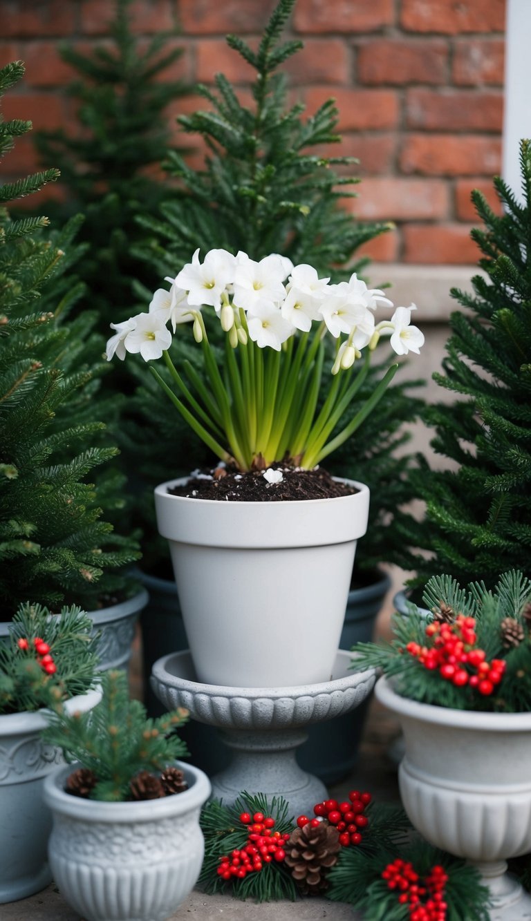 A white cyclamen pot sits among a collection of winter planters, surrounded by evergreen branches and red berries