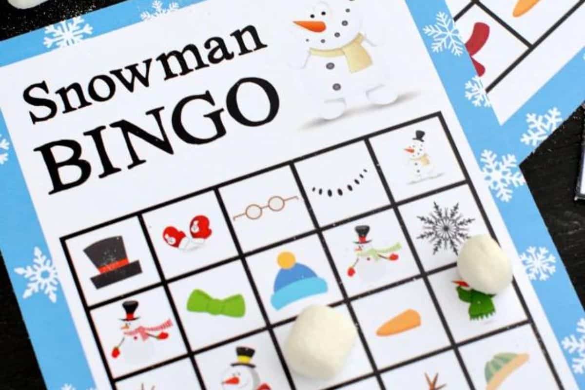 Printable snowman bingo game with marshmallow markers.