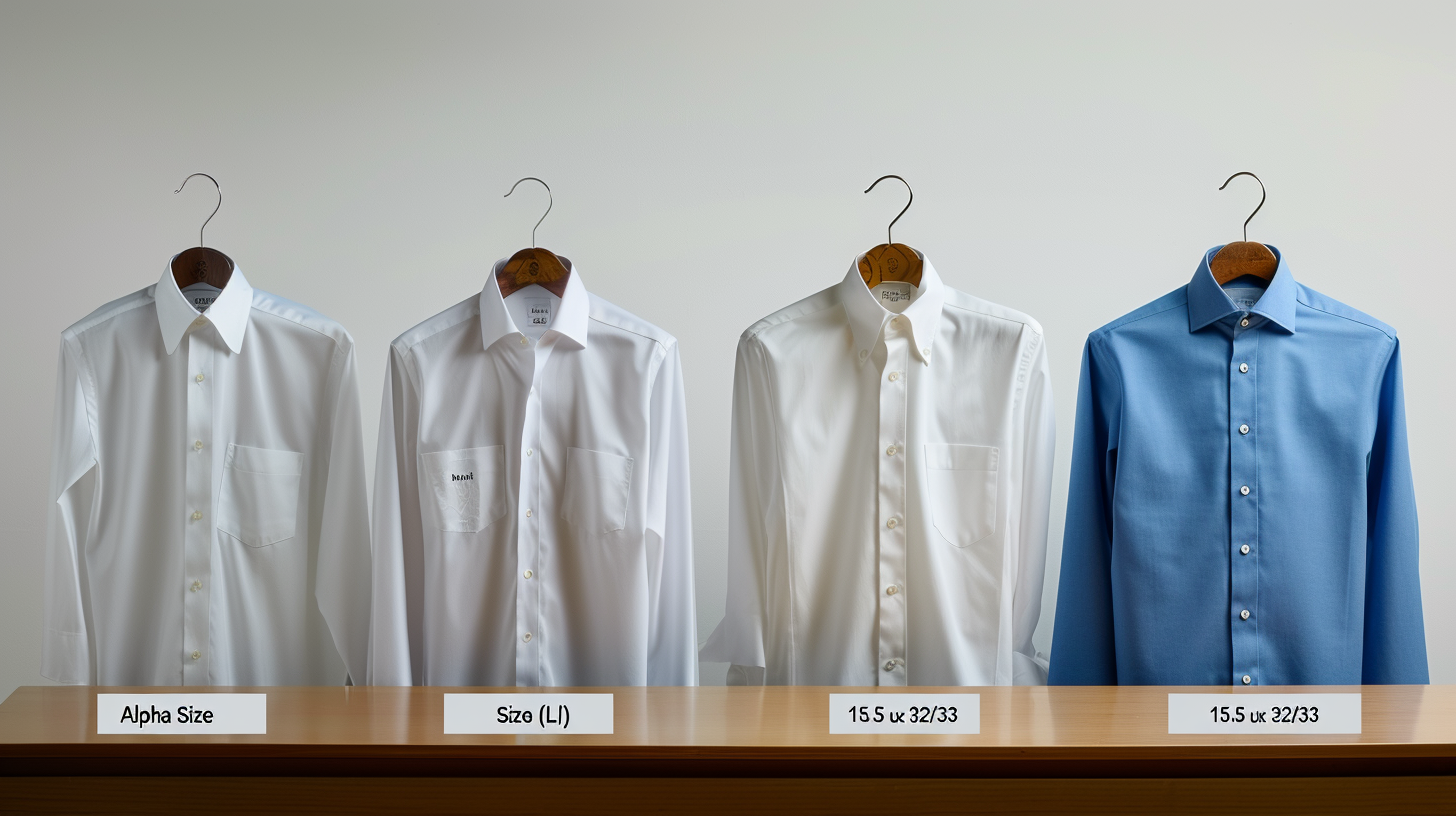 A clean, side-by-side visual comparison of four men’s dress shirts on mannequins or hangers: one labeled "Alpha Size (L)", one labeled "15.5 × 32/33", one showing three fit types (Trim, Regular, Classic), and one showing a European size tag (40) vs a US size tag (15.5). Soft studio lighting, white or neutral background, modern and minimal layout