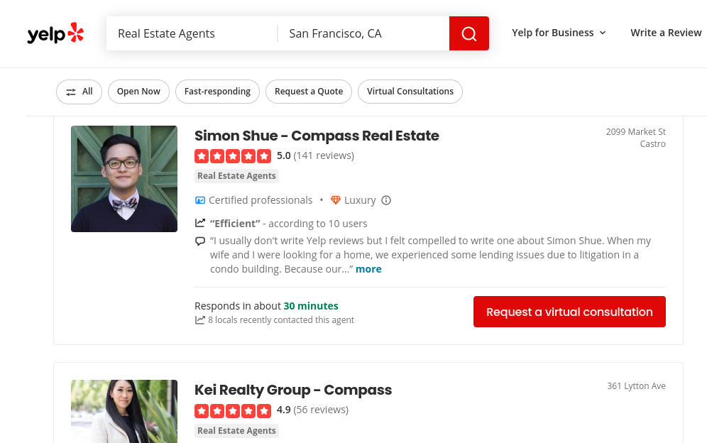 Yelp real estate examples