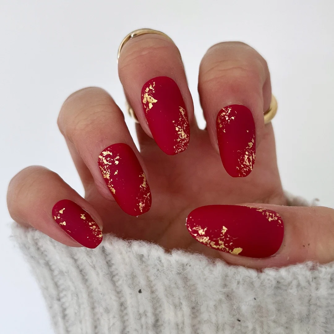 Christmas nail ideas - Matte Red with Gold Foil Accents