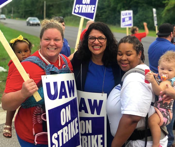 Rashida on the picket line with striking UAW workers