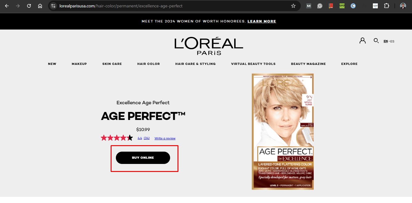 Loreal Paris Website having clear Call To Action button.