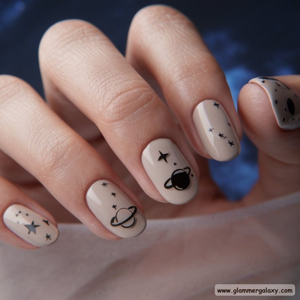 Neutral Nails having Space-Inspired Negative Designs
