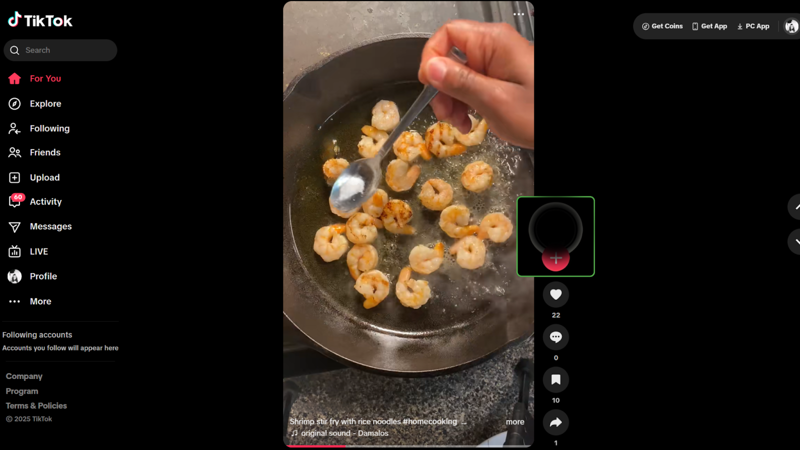 TikTok desktop video screen with the user’s profile picture icon highlighted, indicating where to click to view their profile.
