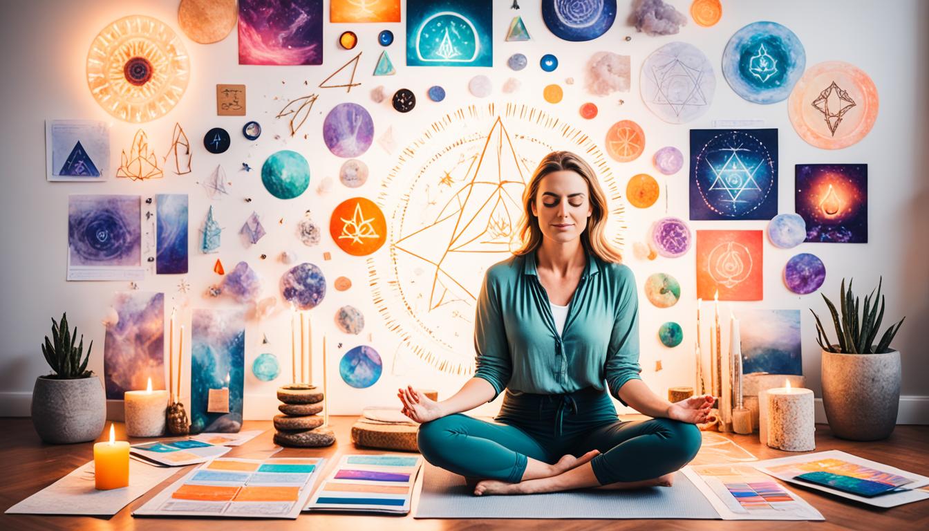 A person sitting cross-legged on a mat, surrounded by a glowing aura of energy, with their eyes closed and hands resting on their knees. In front of them are multiple blank vision boards, waiting to be filled with their dreams and desires. In the background, there are various symbols of manifestation, such as crystals, candles, and a burning sage bundle. The image should evoke a sense of focus, intention, and empowerment.