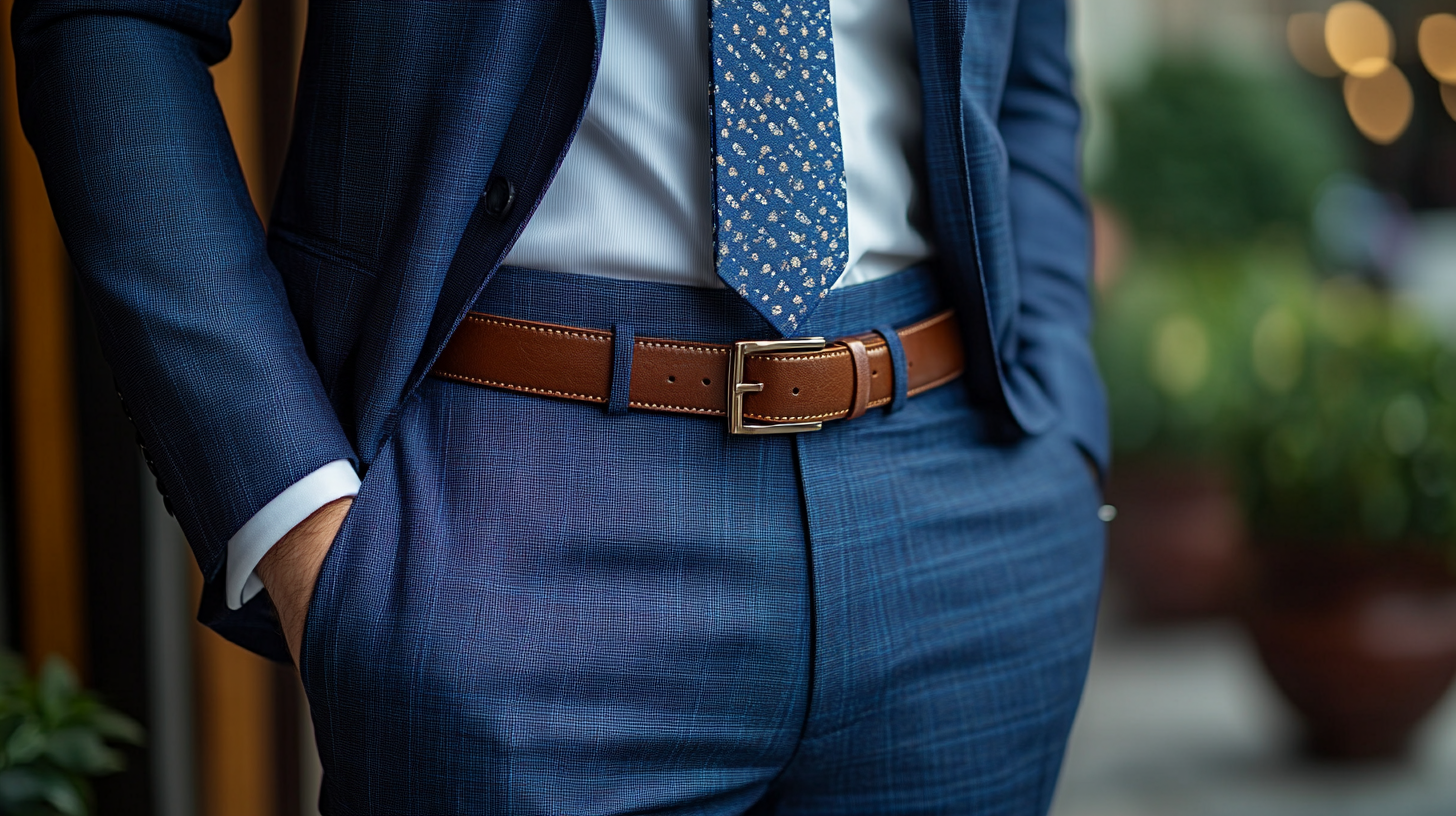 
A well-dressed man wearing a tailored navy blue wedding suit, showcasing a perfectly matched belt and shoe combination. A brown leather belt complements polished brown shoes for a refined daytime look, while a sleek black belt pairs seamlessly with black leather shoes for formal evening elegance. The belt’s fine craftsmanship, smooth leather texture, and subtle buckle design add to the polished aesthetic. The man adjusts his suit jacket or places his hand in his pocket, highlighting the cohesive and sophisticated outfit. The softly blurred background suggests a luxurious wedding setting. Photorealistic, ultra-HD, cinematic lighting