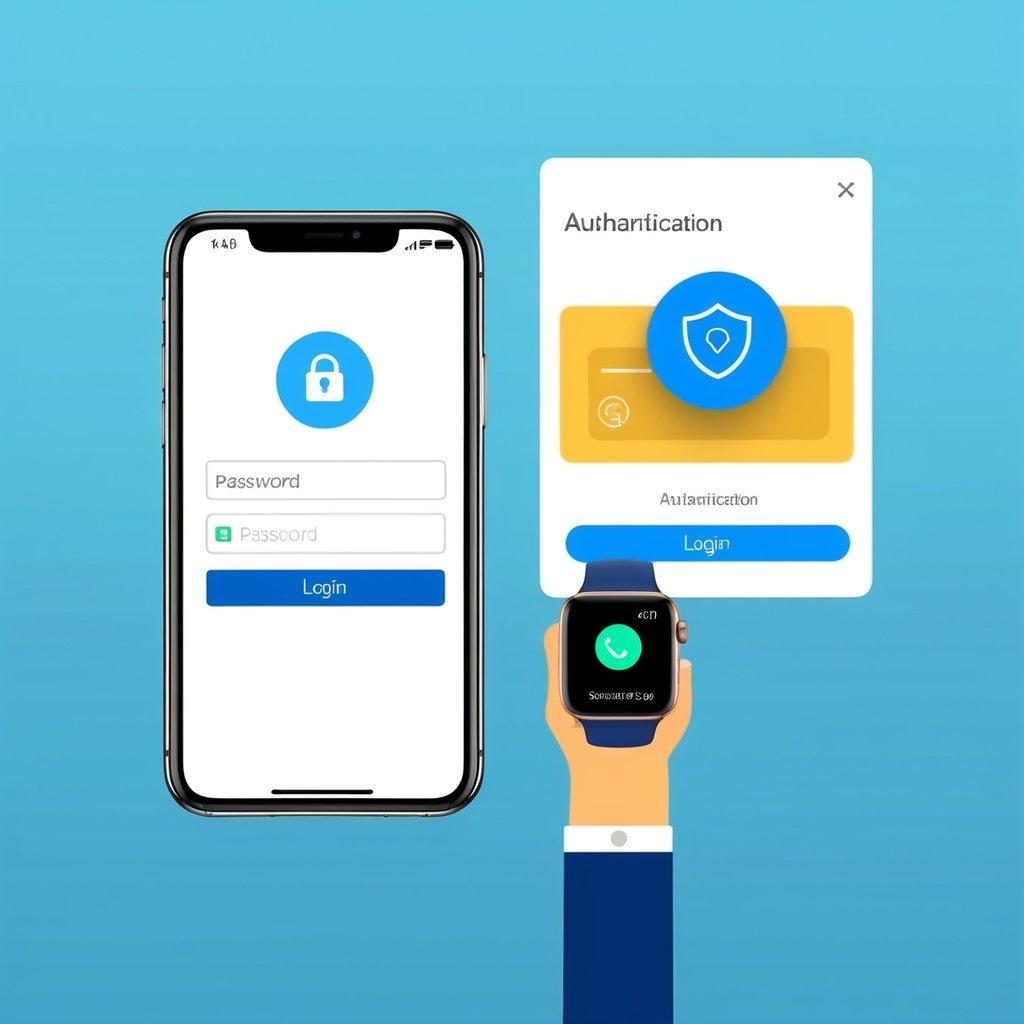 A smartphone displaying a secure login screen with a password and a two-step authentication code being entered. An additional device, such as a smartwatch, is also shown receiving the authentication code