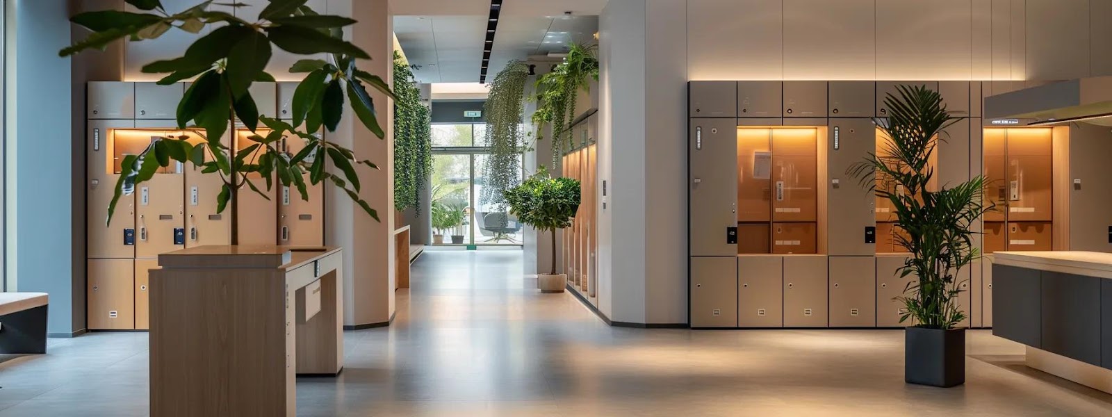 a sleek, modern office space showcases a professional installation of custom lockers, emphasizing quality craftsmanship with polished finishes and organized storage solutions, illuminated by soft artificial lighting for a welcoming atmosphere.