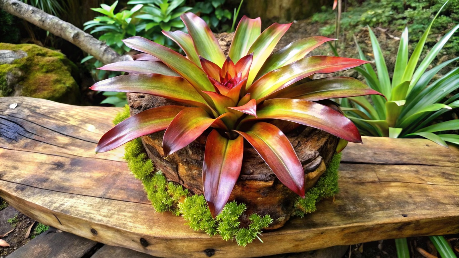 Bromélia Neoregelia plantada em madeira natural, integrando elementos rústicos em um ambiente natural.