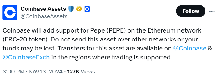 Coinbase Lists Pepe Coin on Ethereum