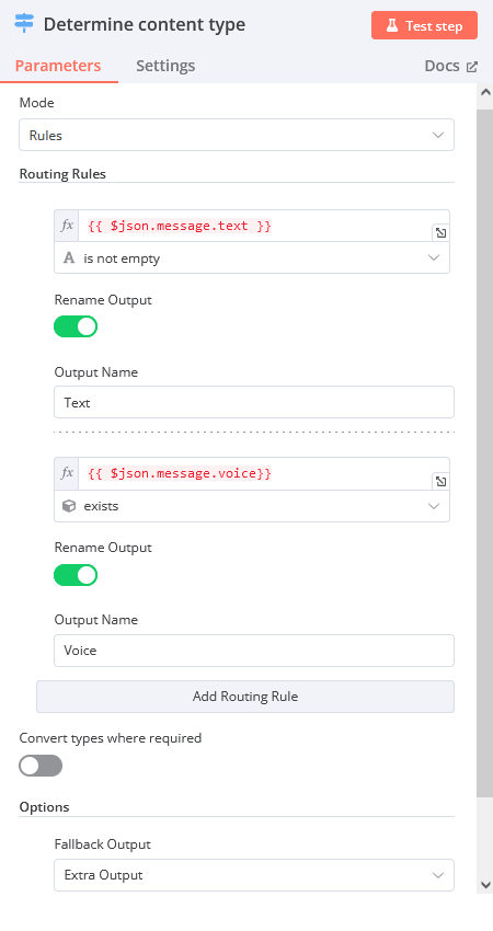 Switch node classifies messages as either text, voice or something else