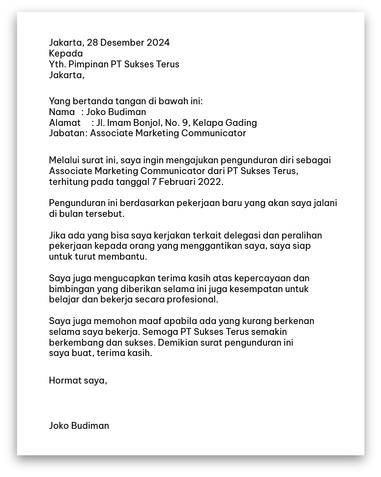 contoh surat pengunduran diri one month notice