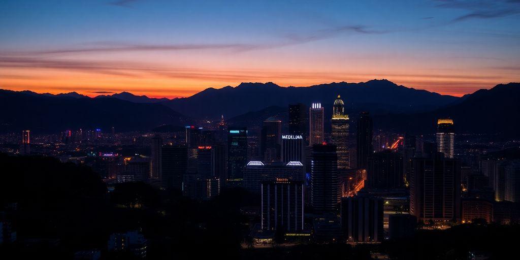 Vue du ciel de medellin au crépuscule.