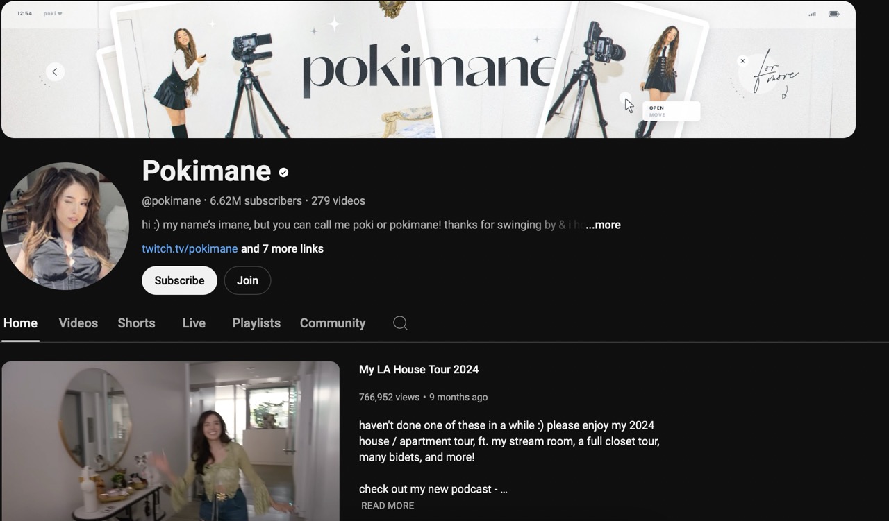 A screenshot of Pokimane homepage