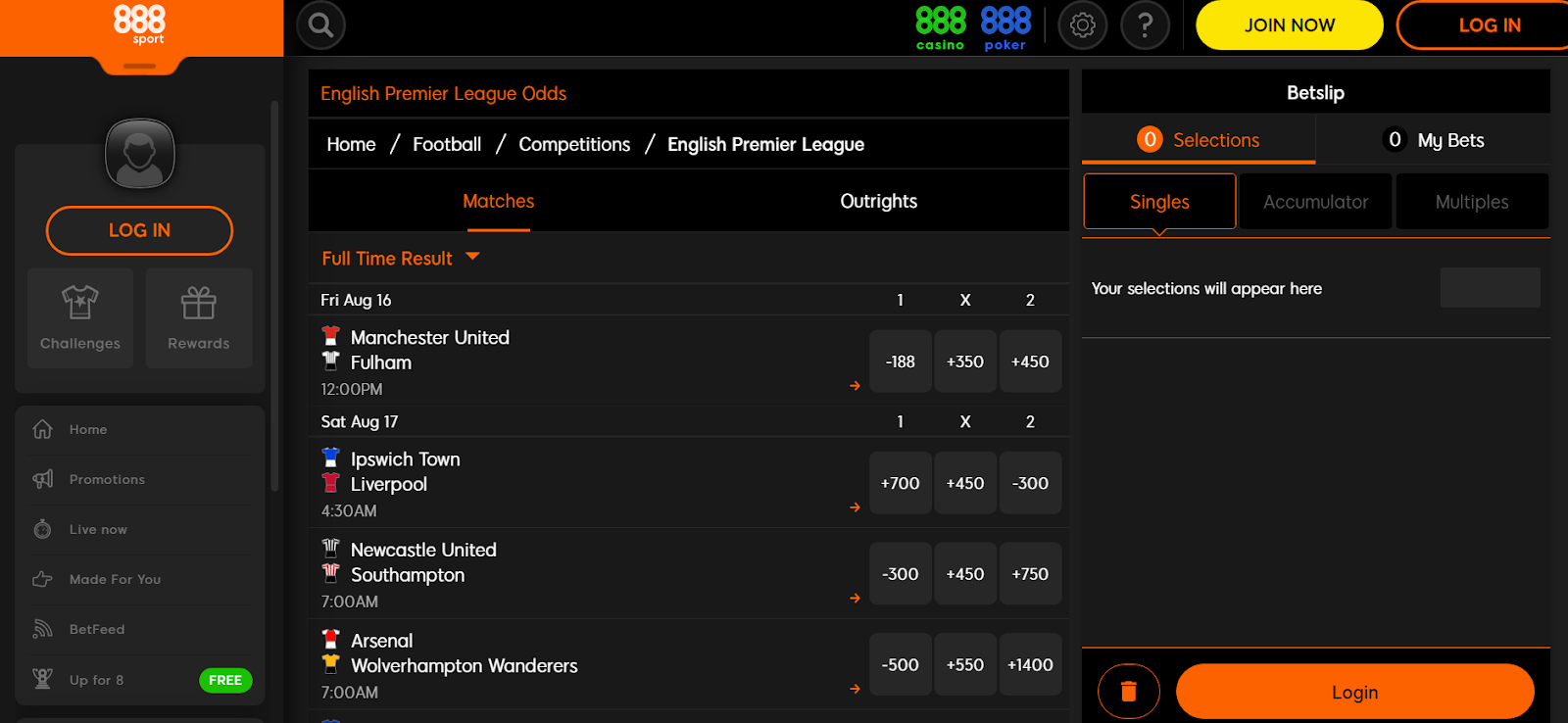 888Sport Premier League Betting