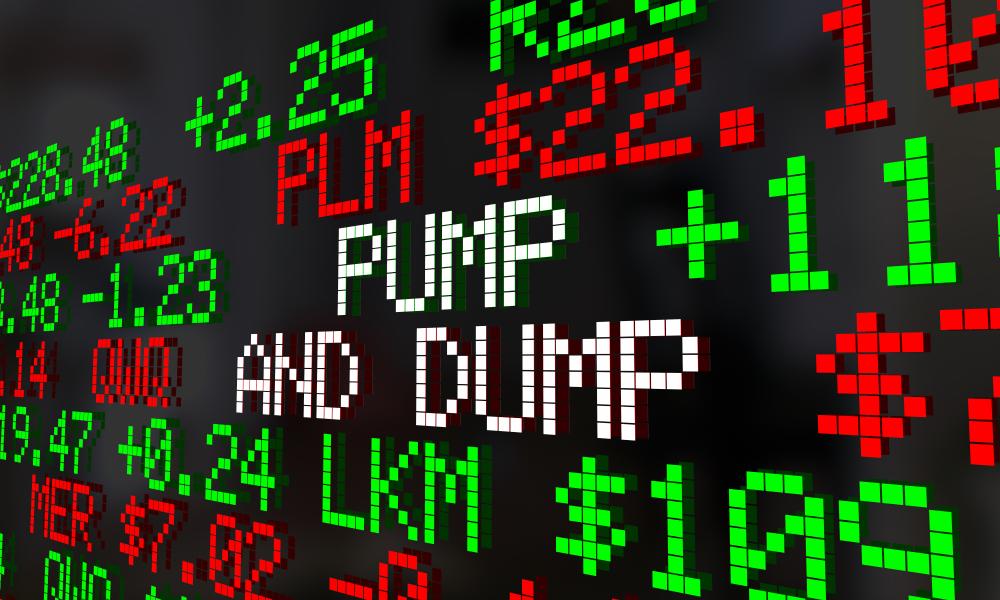 Stock market display showing the words 'Pump and Dump' among various stock prices, representing a common type of cryptocurrency scam.