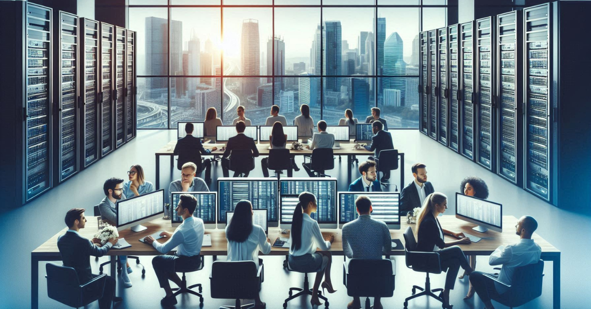 Modern office with diverse professionals working on computers, surrounded by large server racks and a panoramic view of a city skyline, symbolizing cloud computing and data management in a corporate environment.