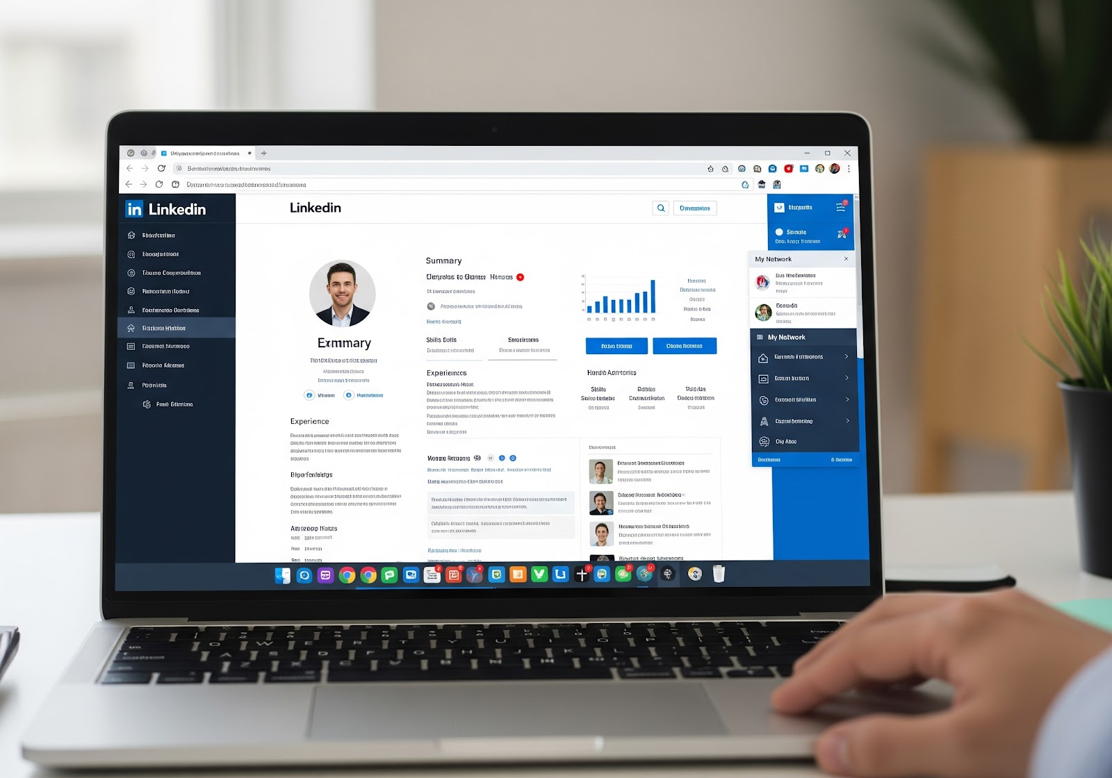 A laptop screen displaying the LinkedIn website interface, with a user profile open and various networking features visible.