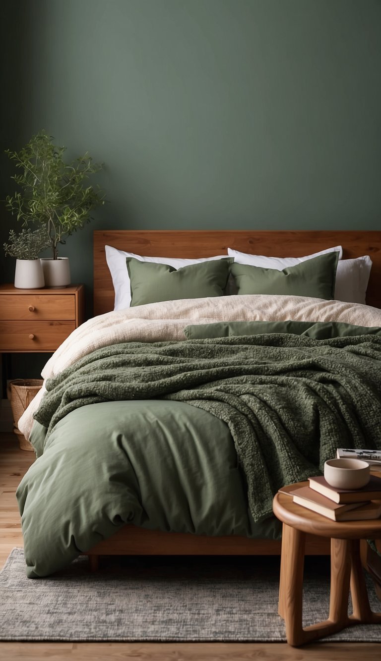 A sage green accent wall complements a cozy bedroom with soft lighting and natural textiles